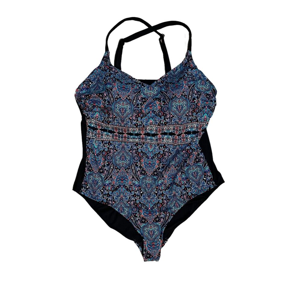 Ava & Viv One Piece Swimsuit 26W Floral Black Built in Bra Comfort Straps